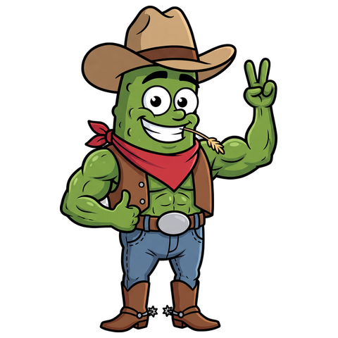 Dusty — cowboy hat, red bandana, leather vest, jeans, boots with spurs