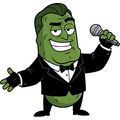 Huge Dill — tuxedo, crooked bow tie, fingerless gloves, stage microphone